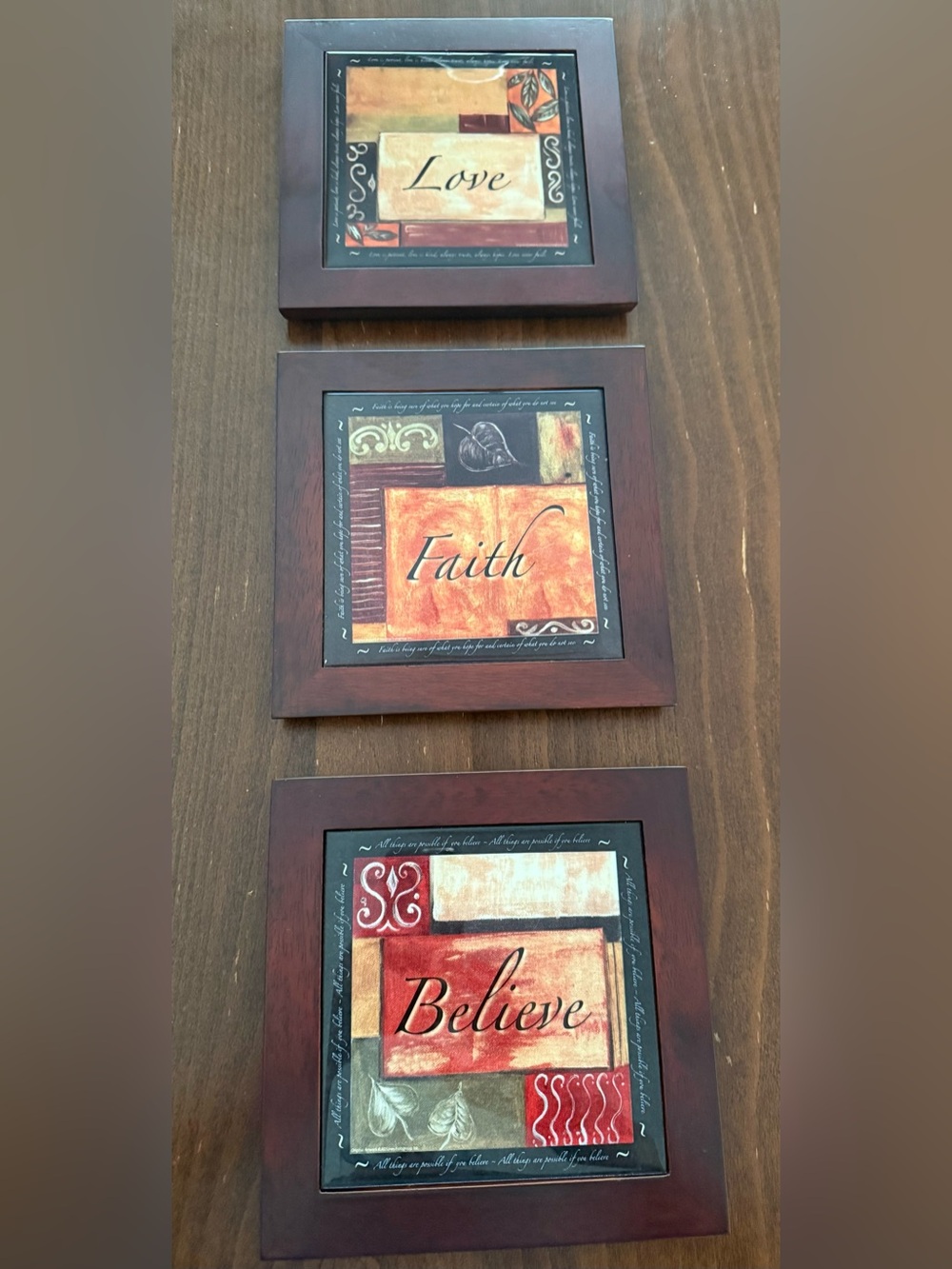 3pc Love Faith Believe Wall Art Plaque - Brown Frame